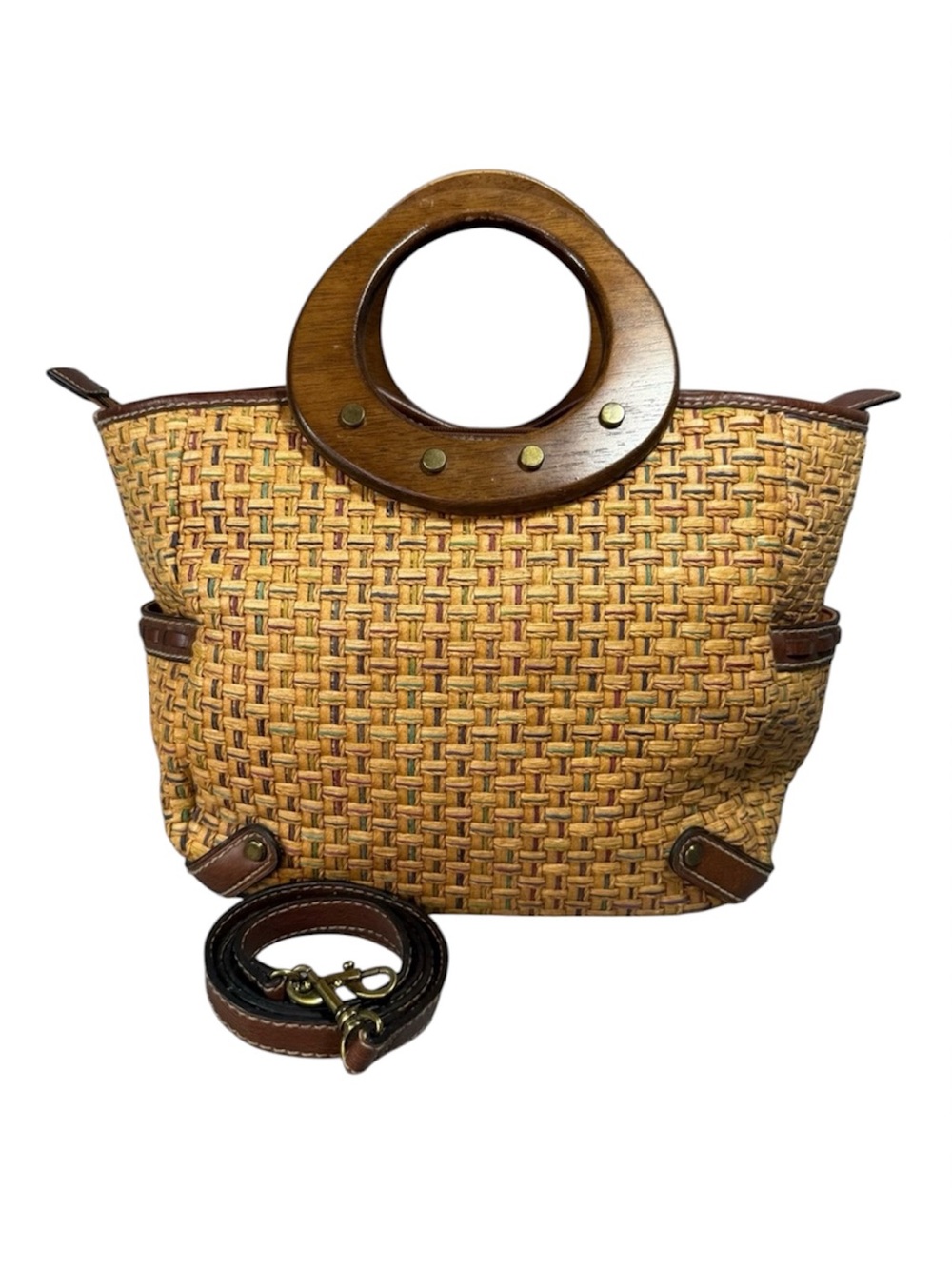 Fossil Vintage Tan Woven Wicker Crossbody Satchel with Wooden Handles